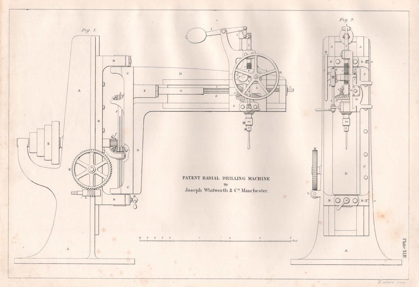 19C ENGINEERING DRAWING. Patent radial drilling machine. Joseph Whitworth 1847